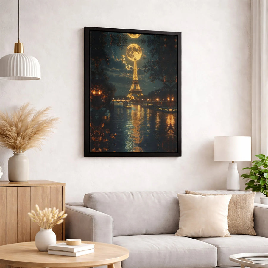 Eiffel Tower Canvas Print | Parisian Night Landscape with Full Moon | Premium Gallery-Wrap Wall Art | Romantic Travel Decor Gift