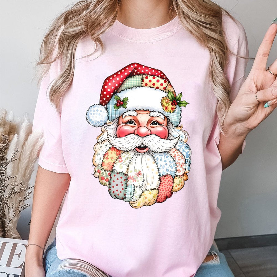 Patchwork Santa Claus T-Shirt | Retro Quilt Pattern Christmas Graphic | 100% Cotton Premium Tee | Festive Holiday Gift for Women and Men