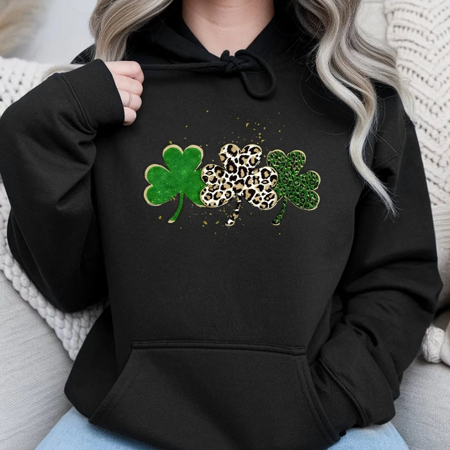 St Patrick's Day Shamrock Hoodie | Leopard Print Lucky Clover Graphic | Premium Cotton Blend | Unisex Irish Festival Gift for Women & Men