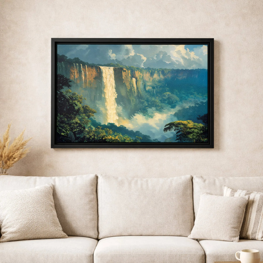 Majestic Waterfall Canvas Art | Tropical Jungle Cliff Landscape | Premium Gallery Wrapped Print | Nature Wall Decor Gift for Living Room