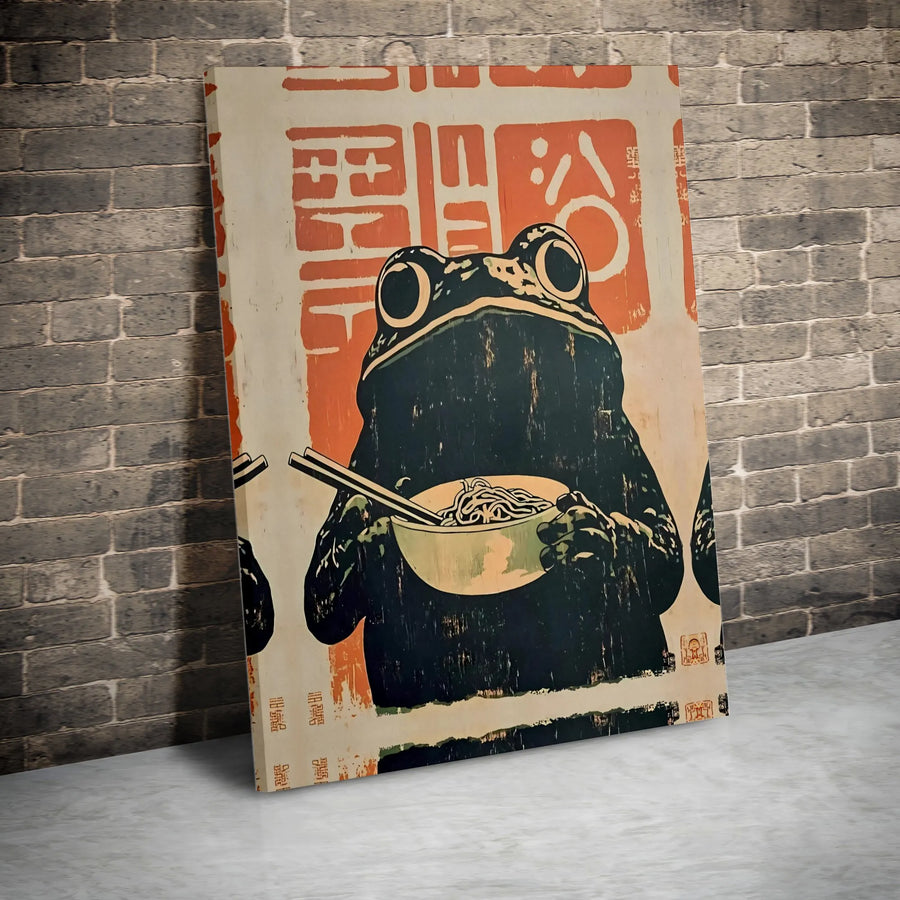 Japanese Ramen Frog Wall Art | Ukiyo-E Style Animal Print | Premium Fade-Resistant Canvas | Unique Kitchen Decor Gift for Foodies