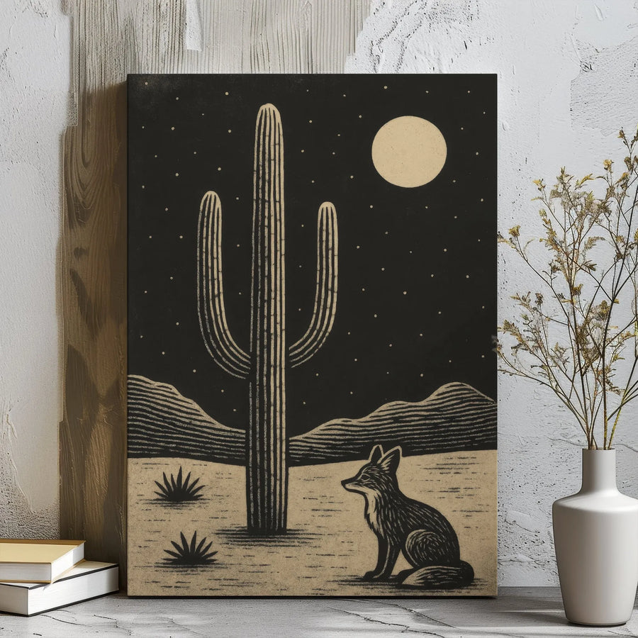Desert Fox Canvas Wall Art | Night Saguaro Cactus Linocut Illustration | Premium Gallery Wrap Decor | Southwestern Boho Home Gift