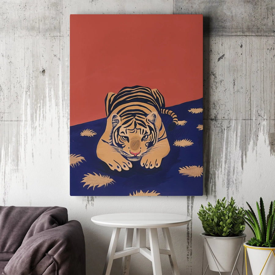 Crouching Tiger Canvas Wall Art | Modern Minimalist Animal Print | Gallery Quality 1.25" Frame | Statement Decor for Living Room or Office