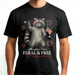 Patriotic Raccoon T-Shirt | Feral and Free 250th Independence Day Graphic | Premium Cotton Tee | Funny Fourth of July Gift for Men & Women