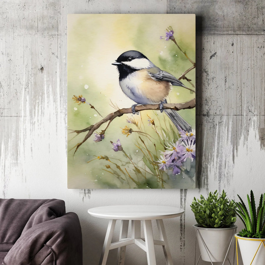 Watercolor Black-Capped Chickadee Wall Art | Botanical Bird Illustration Print | Premium Gallery-Wrapped Canvas | Bird Lover Home Decor Gift