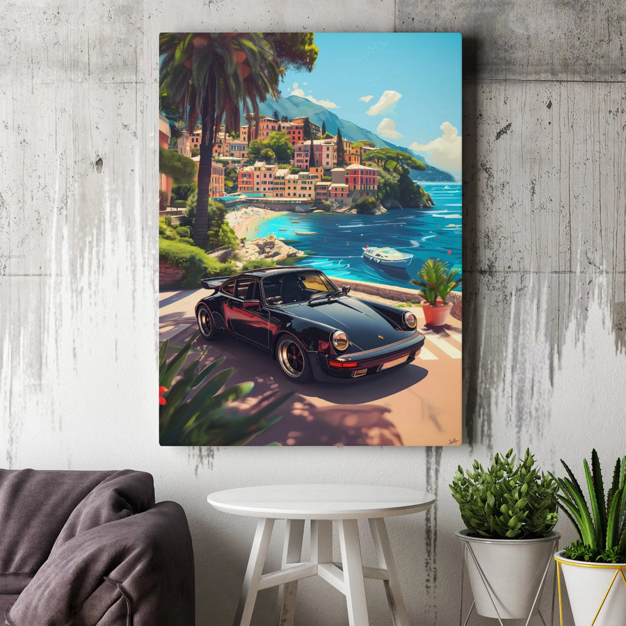 Vintage Sports Car Canvas Wall Art | Italian Riviera Coastal Scene | Premium 1.25 Inch Gallery Wrap | Luxury Car Enthusiast Gift
