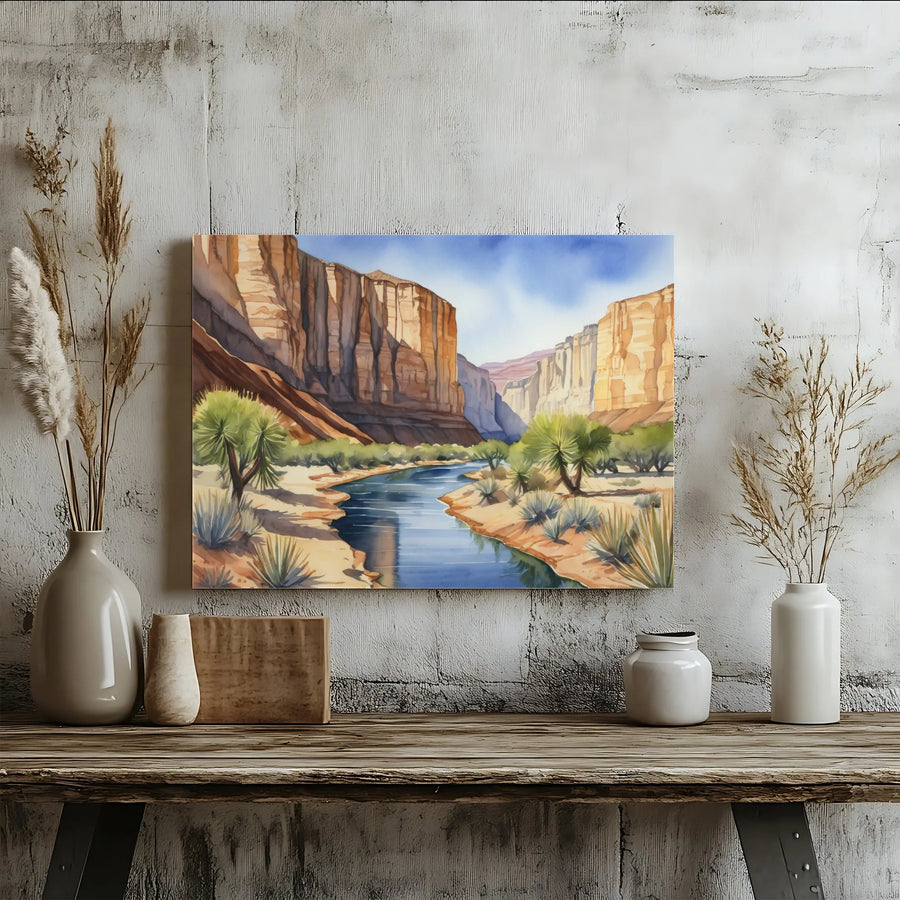 Desert Canyon Watercolor Horizontal Canvas | Southwest River Landscape Wall Art | Premium 1.25 Inch Gallery Wrap | Peaceful Nature Lover Gift