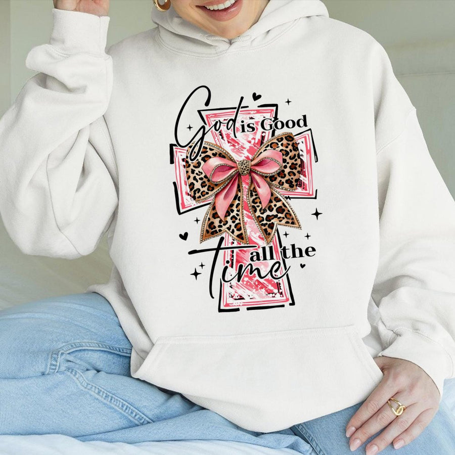 God Is Good All The Time Hoodie | Leopard Print Bow Cross Graphic | Premium Cotton Blend | Christian Faith Gift for Women