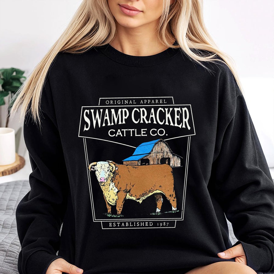 Swamp Cracker Cattle Co Sweatshirt | Vintage Farm Bull Graphic Print | Premium Cotton Blend | Country Western Gift for Ranchers and Farmers