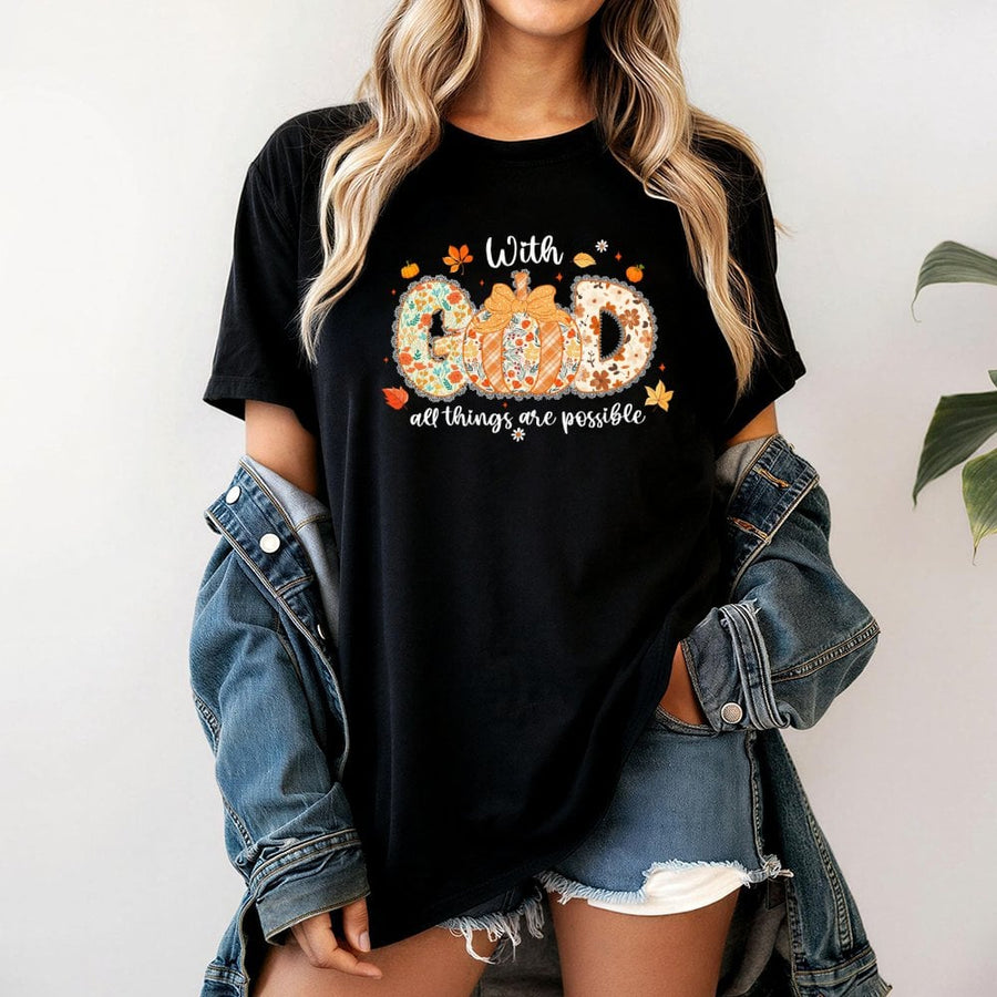 With God All Things Are Possible T-Shirt | Boho Floral Pumpkin Graphic | 100% Cotton Premium Tee | Christian Fall Faith Gift for Women