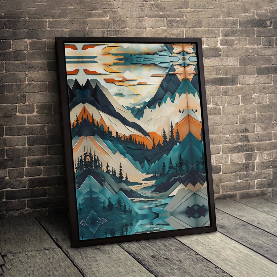 Abstract Mountain Landscape Canvas Art | Geometric Pine Tree & River Print | 1.25-Inch Gallery Wrap | Modern Nature Wall Decor for Home
