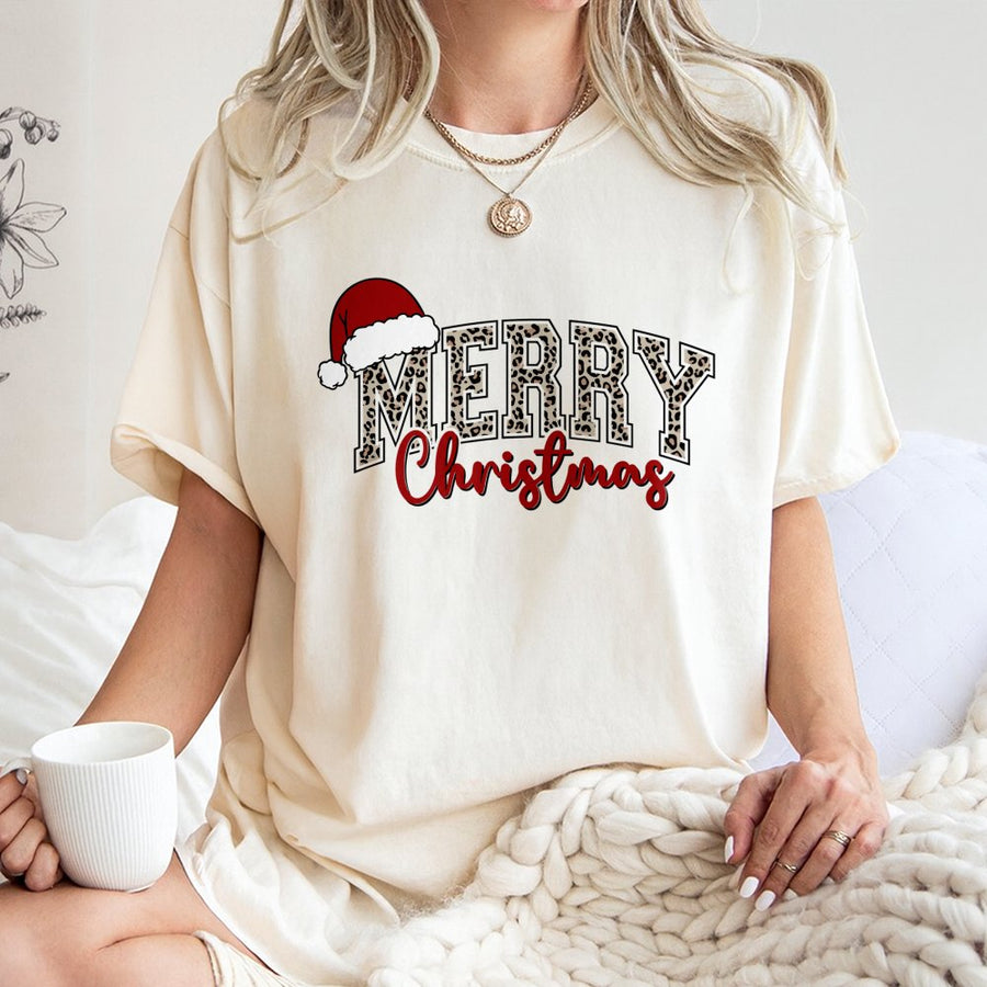Merry Christmas T-Shirt | Leopard Print Santa Hat Holiday Graphic | 100% Cotton Premium Tee | Festive Gift for Women & Men