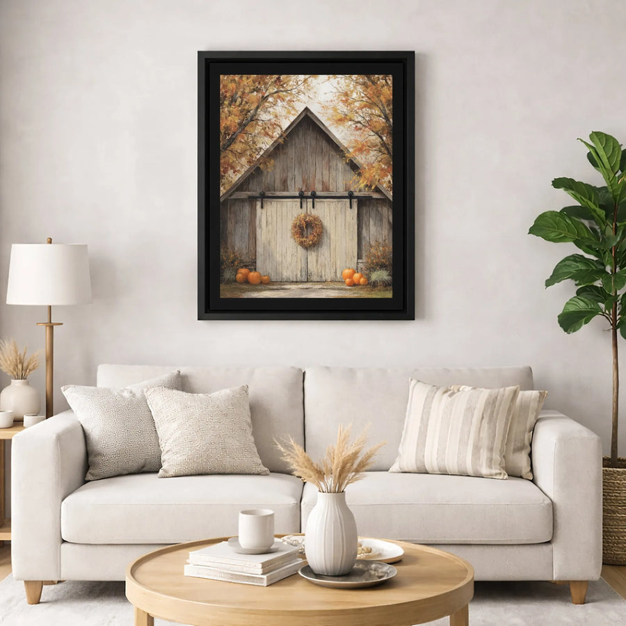 Rustic Autumn Barn Canvas Print | Farmhouse Pumpkin Wreath Wall Art | Premium Fade-Resistant Gallery Wrap | Fall Home Decor Harvest Gift