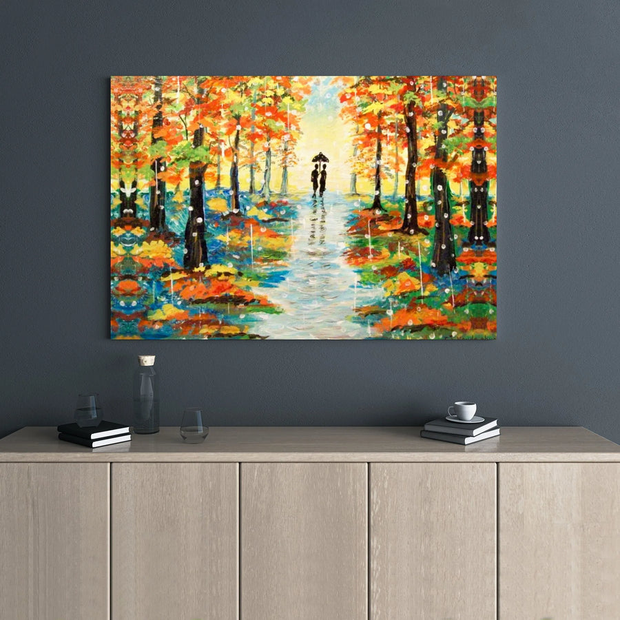Autumn Forest Couple Painting | Romantic Rainy Walk Impressionist Art | 1.25" Gallery Wrap Canvas | Premium Home Decor Gift