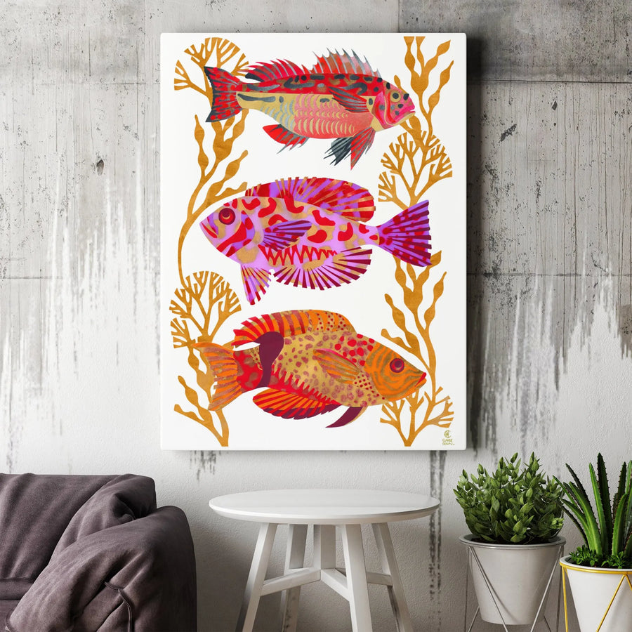 Colorful Fish Vertical Canvas | Modern Coastal Art Print | Premium Gallery Wrap Canvas | Beach House Wall Decor Gift