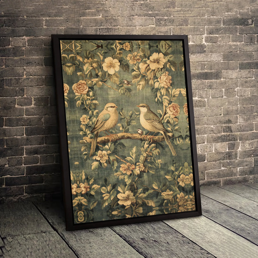 Vintage Bird Tapestry Wall Art | Floral Botanical Illustration | Premium Gallery Canvas | Cottagecore Home Decor Gift for Nature Lovers