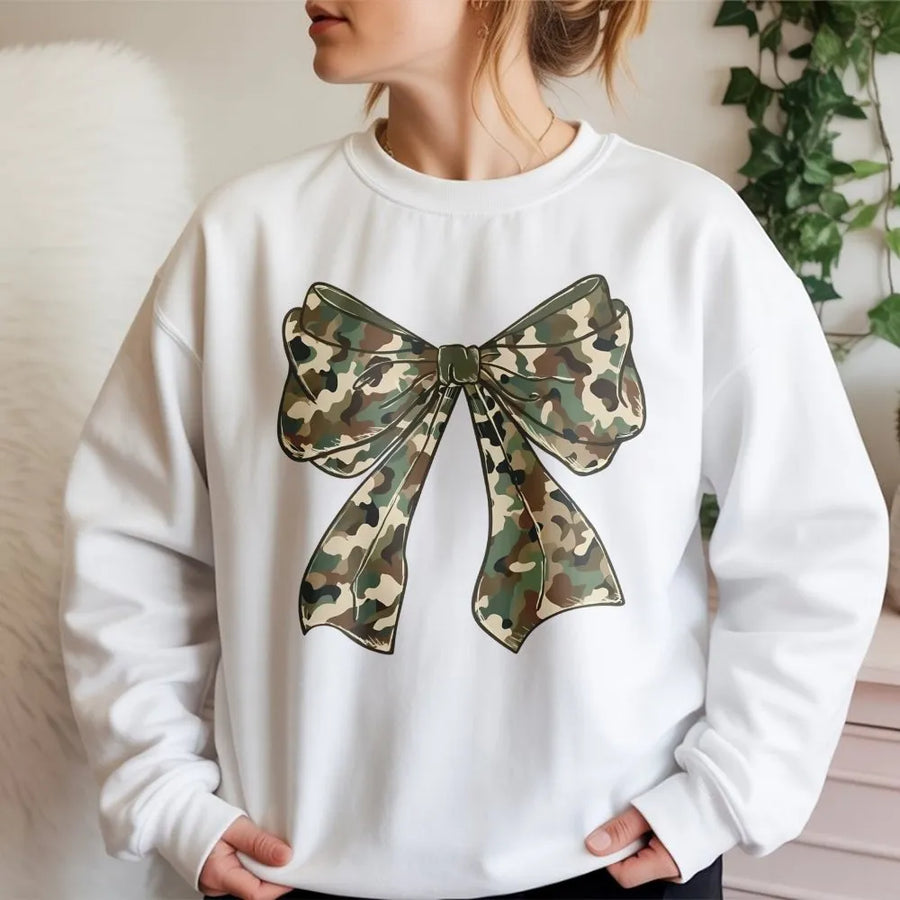 Camo Bow Sweatshirt | Trendy Camouflage Ribbon Graphic | Premium Cotton-Poly Blend | Cute Hunting Season Gift for Her