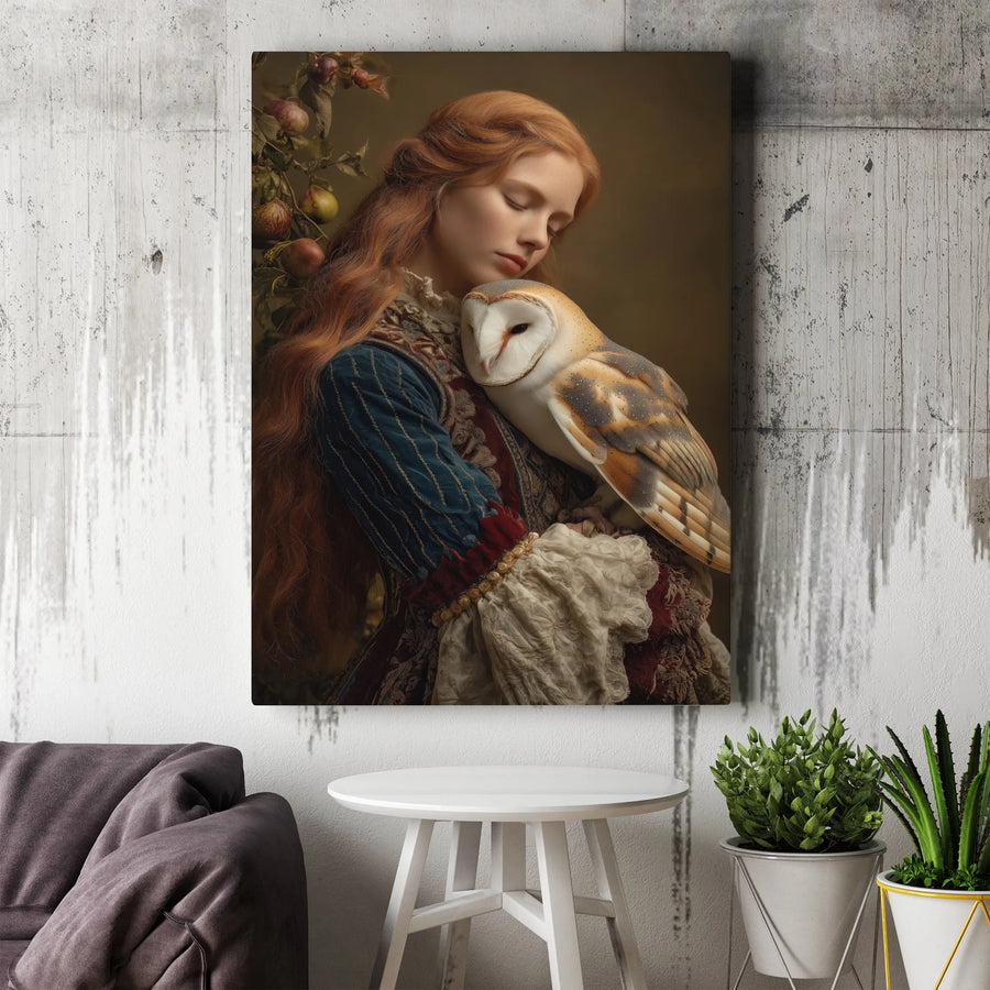 Renaissance Woman With Owl Canvas Print | Dark Academia Portrait Wall Art | Premium Stretched Gallery Wrap | Gothic Home Decor Gift For Her