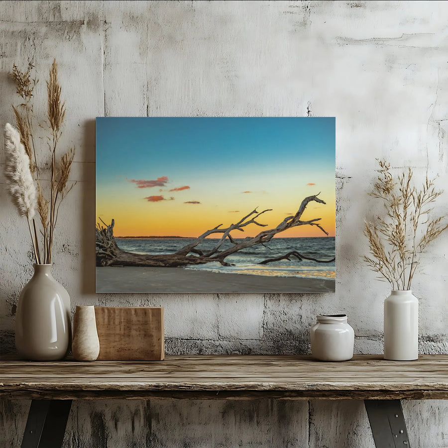 Coastal Sunset Beach Driftwood Horizontal Canvas | Big Talbot Island Landscape Wall Art | Premium 1.25" Gallery Wrap Print | Modern Living Room Decor Gift