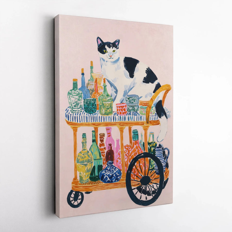 Cat Bar Cart Wall Art | Whimsical Colorful Animal Canvas Print | Premium Gallery Wrap Decor | Gift for Cat Lovers & Home Bar Enthusiasts