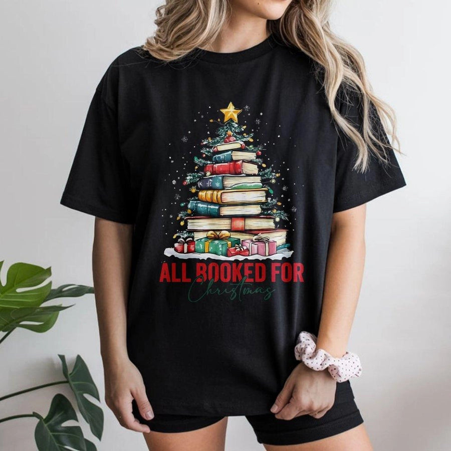 All Booked For Christmas T-Shirt | Book Stack Christmas Tree Graphic Tee | 100% Cotton Premium Shirt | Gift for Readers, Librarians and Teachers