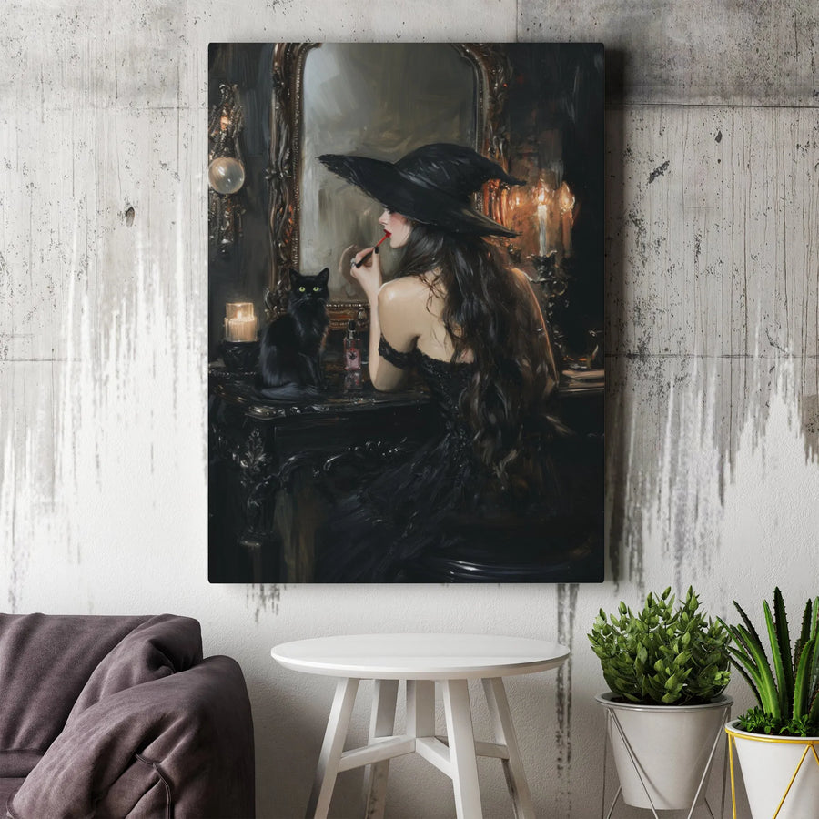 Gothic Witch Canvas Wall Art | Black Cat Vanity Painting | 1.25" Gallery Wrap Premium Print | Dark Academia Home Decor Gift