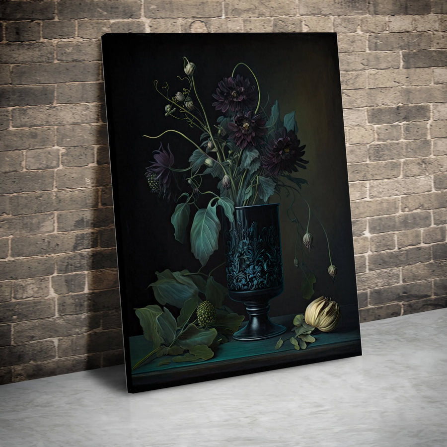 Dark Floral Vertical Canvas | Vintage Botanical Still Life Painting | Premium Gallery Wrapped Art | Moody Gothic Home Decor Gift
