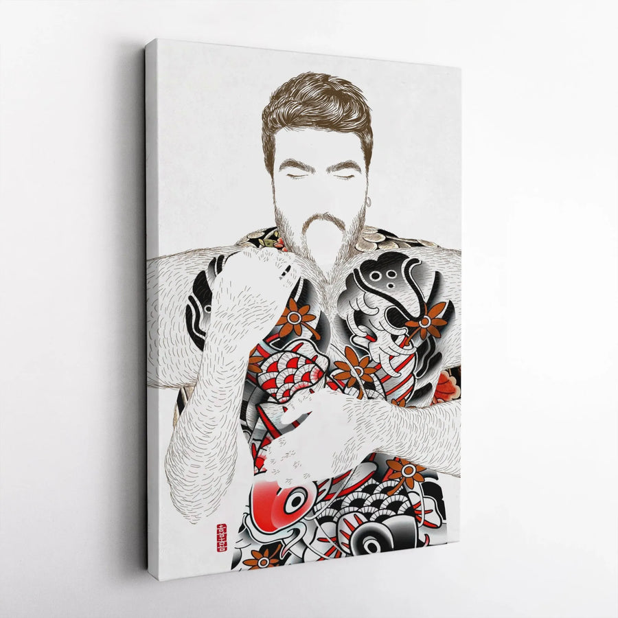 Japanese Koi Tattoo Art Canvas | Bearded Man Illustration | Premium Gallery Wrapped Print | Masculine Wall Decor for Modern Home