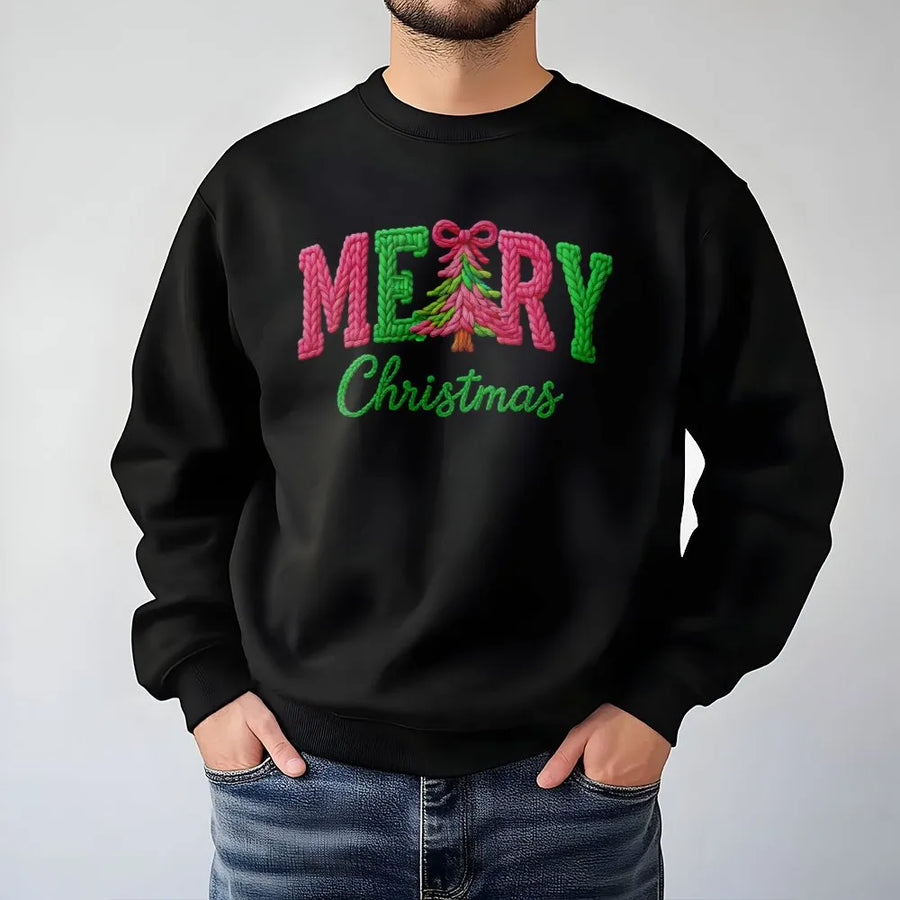 Merry Christmas Sweatshirt | Faux Knitted Yarn Design | Premium Cotton-Poly Blend | Festive Holiday Gift for Family and Friends