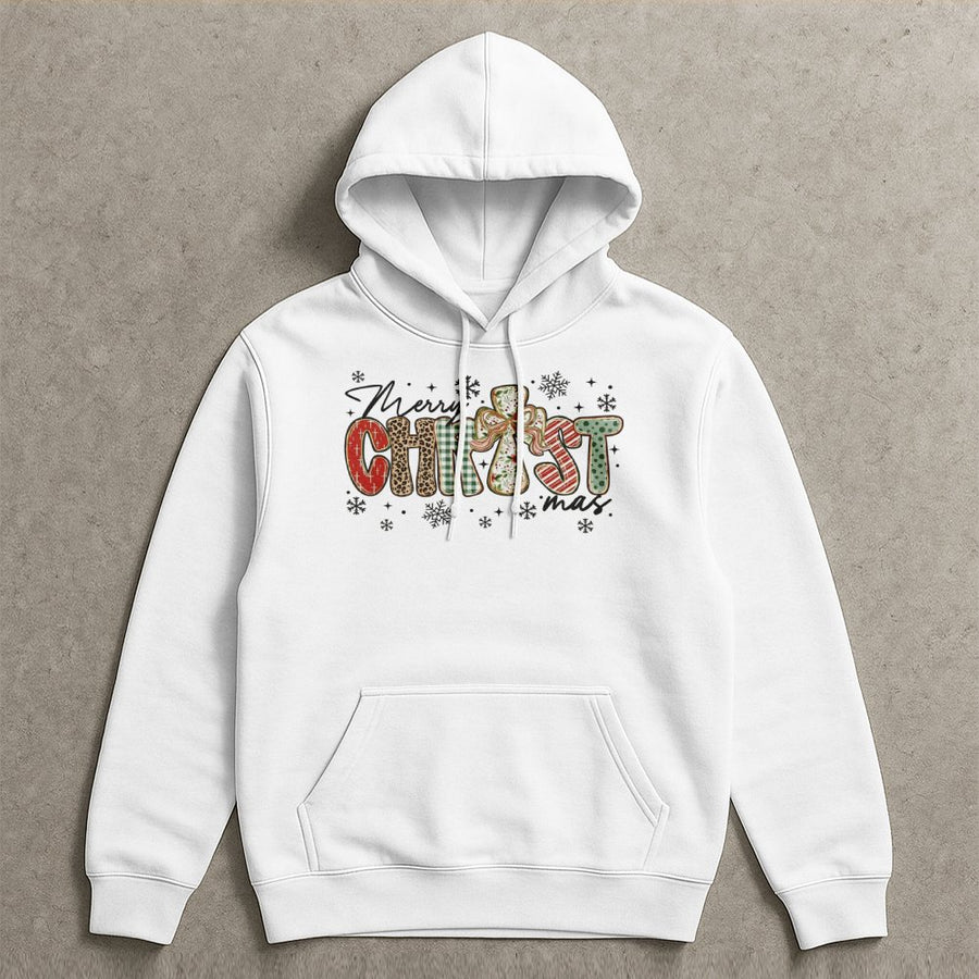 Merry Christ-mas Hoodie | Leopard and Plaid Religious Cross Graphic | Cotton-Poly Premium Blend | Faith-Based Christian Christmas Gift for Women