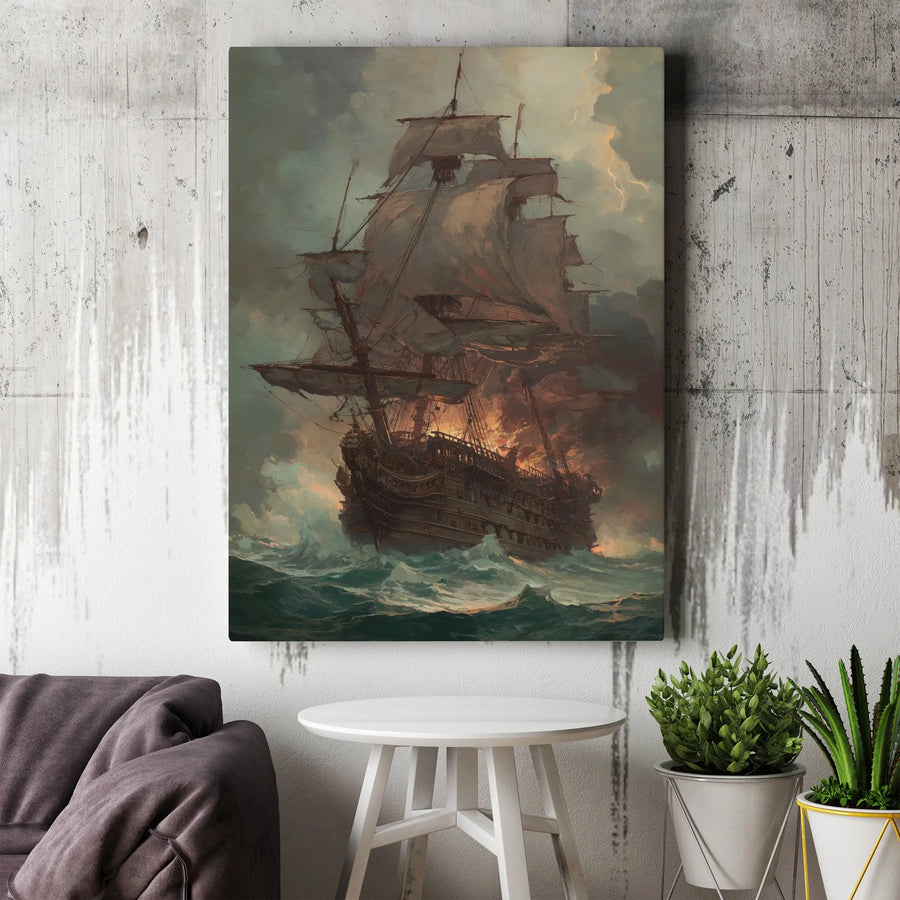 Burning Ship Wall Art | Dramatic Stormy Ocean Canvas Print | 1.25-Inch Gallery Wrapped Canvas | Nautical Home Decor Gift for Sea Lovers