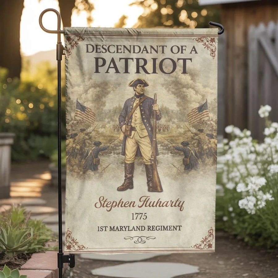 Descendant of a Patriot Garden Flag | Vintage Revolutionary War Soldier 1775 Design | Double-Sided Premium Weather-Resistant Polyester | Patriotic Heritage Gift for History Buffs