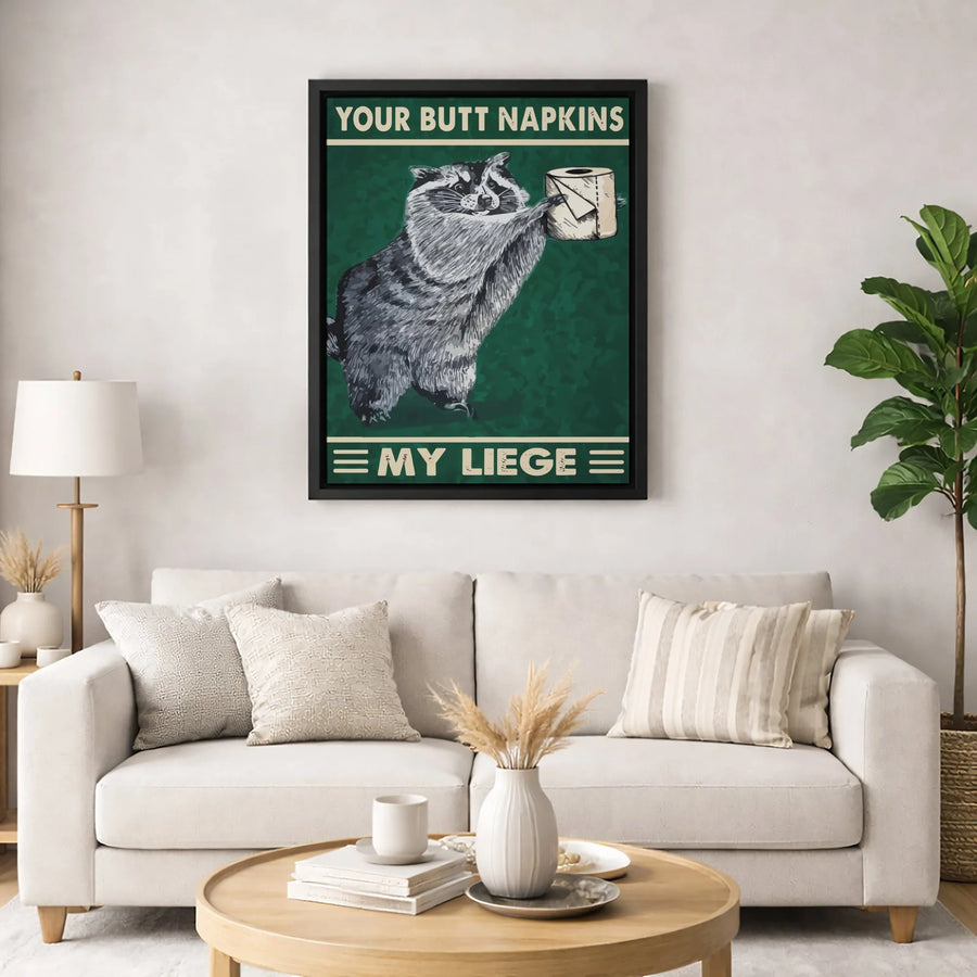 Raccoon Toilet Paper Canvas Art | Your Butt Napkins My Liege Funny Bathroom Wall Decor | Premium 1.25 Inch Gallery Wrap | Unique Gift for Animal Lovers