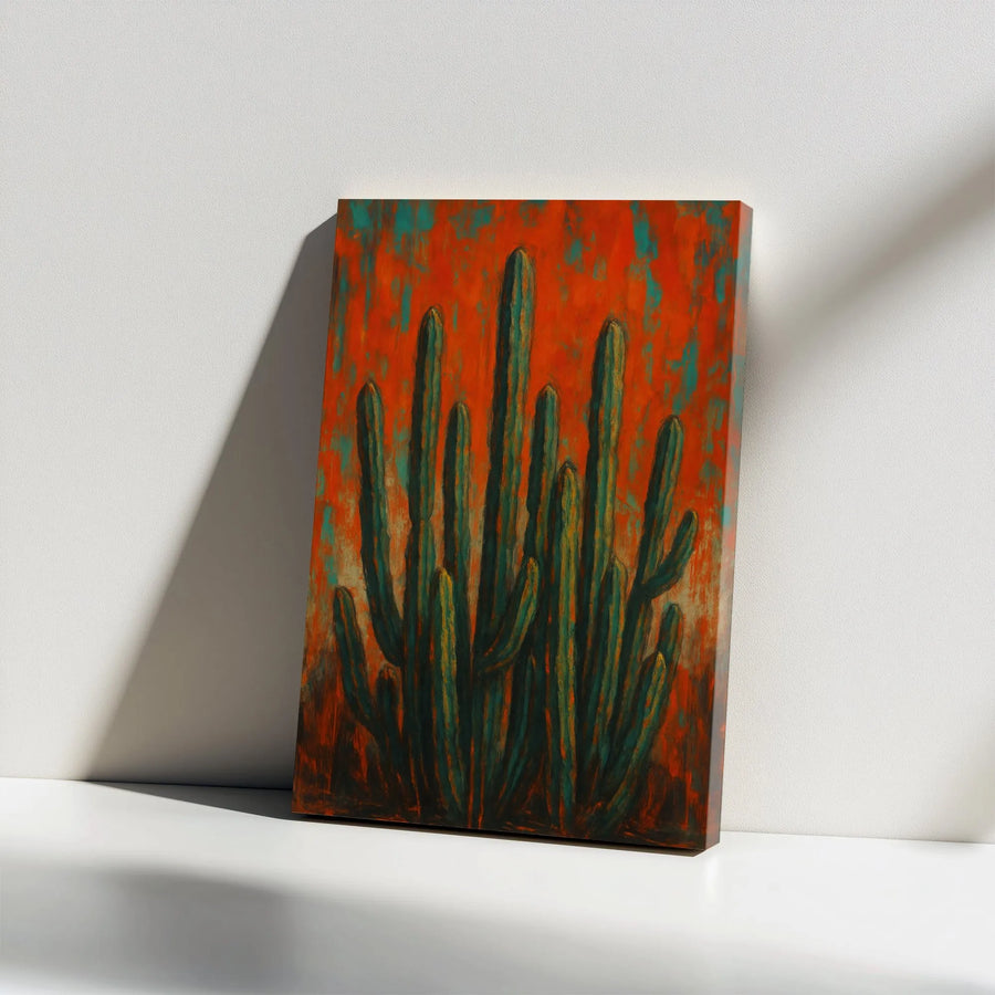 Southwestern Cactus Canvas Wall Art | Abstract Desert Rust and Teal Painting | 1.25-Inch Gallery Wrap | Premium Modern Home Decor