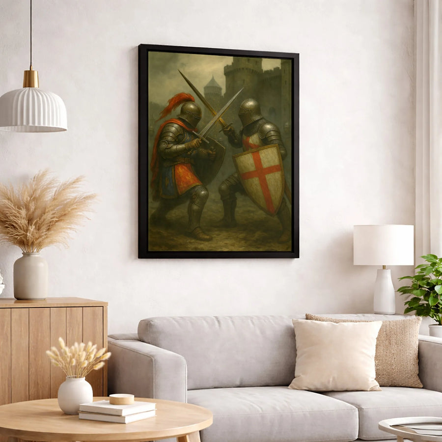 Medieval Knight Wall Art | Epic Sword Duel Oil Painting Style | Premium 1.25-Inch Gallery Canvas | Historic Fantasy Home Decor Gift