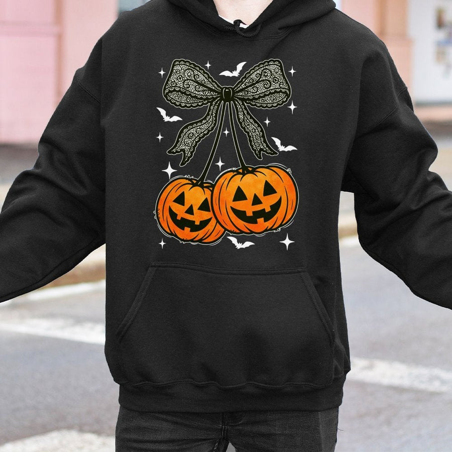 Spooky Pumpkin Cherry Bow Hoodie | Cute Halloween Aesthetic Sweatshirt | Premium Cotton-Poly Blend | Cozy Gift for Women and Teens