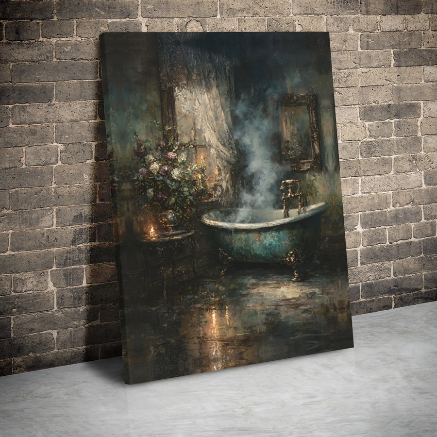 Vintage Clawfoot Bathtub Canvas Art | Moody Botanical Bathroom Wall Decor | Premium Gallery Wrap Print | Romantic Victorian Gift For Home