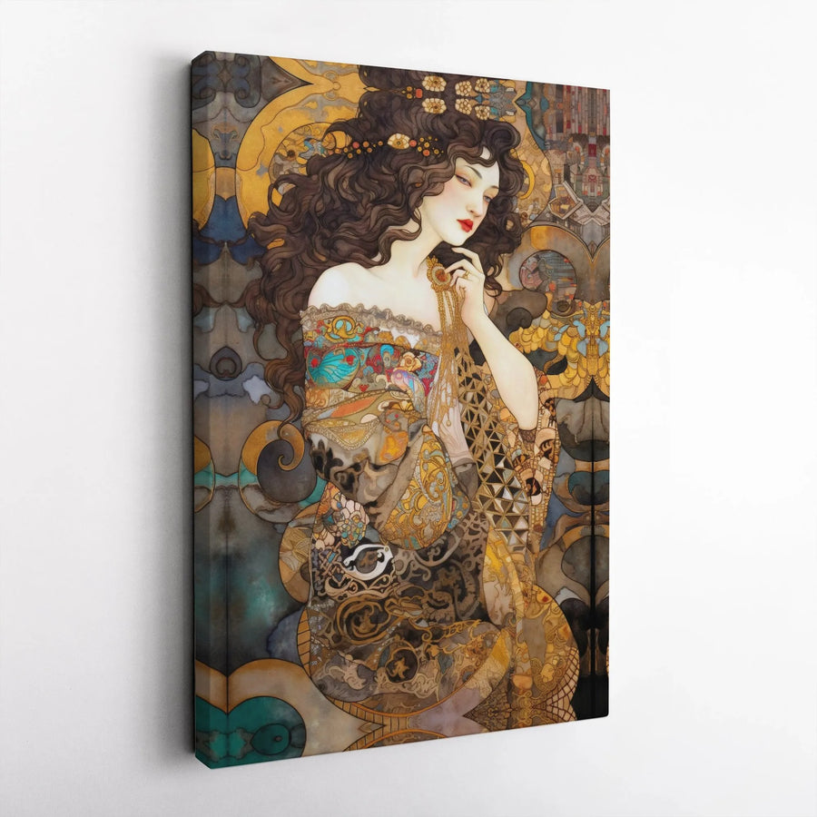 Art Nouveau Woman Portrait Canvas | Ornate Gold Aesthetic Wall Art | Premium Gallery Wrap | Sophisticated Home Decor Gift