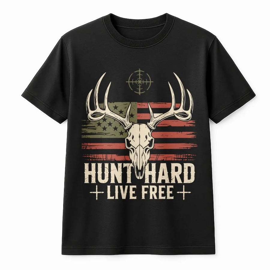Hunting T-Shirt | Deer Skull American Flag Graphic | Premium Cotton Unisex Tee | Gift for Outdoorsman Hunter