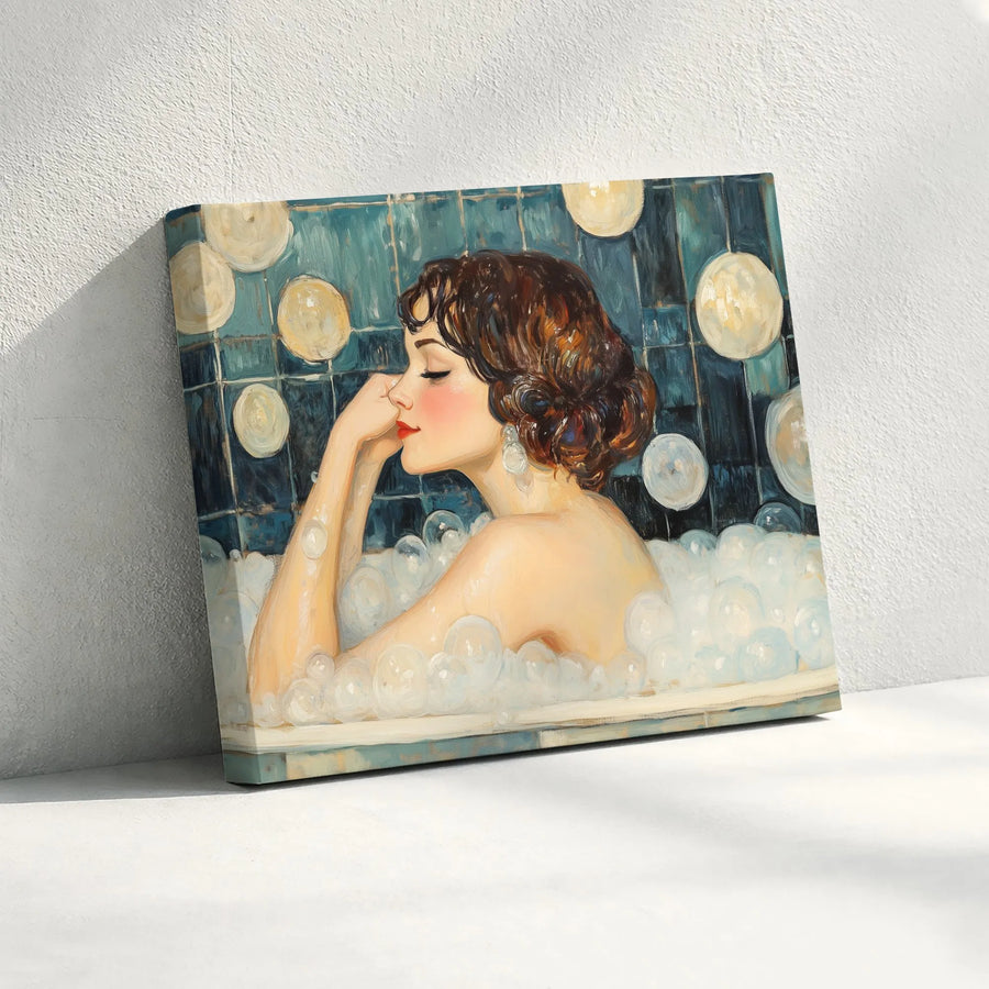 Vintage Art Deco Bathing Woman Canvas | Elegant Bubble Bath Portrait | Premium Gallery Wrapped Print | Sophisticated Bathroom Home Decor