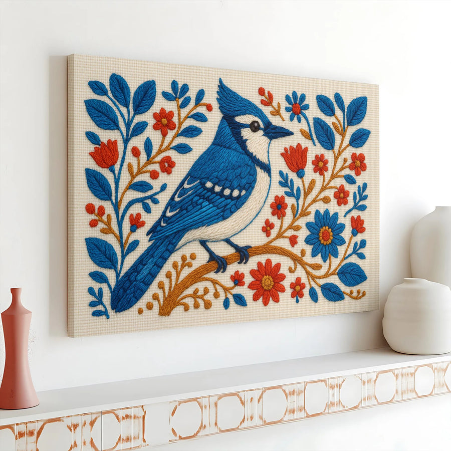 Blue Jay Wall Art Canvas | Folk Art Floral Bird Illustration | Gallery Wrap 1.25 Inch Wood Frame | Nature Lover Home Decor Gift