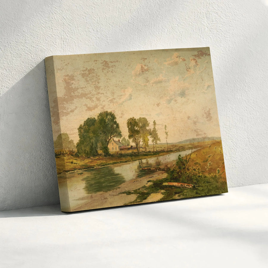 Vintage Landscape Canvas Wall Art | River and Farmhouse Painting | Premium Fade-Resistant Gallery Print | Rustic Farmhouse Home Decor