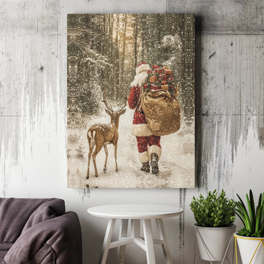 Santa Claus and Reindeer Canvas Wall Art | Snowy Winter Forest Christmas Decor | 1.25-Inch Gallery Wrap | Holiday Home Gift