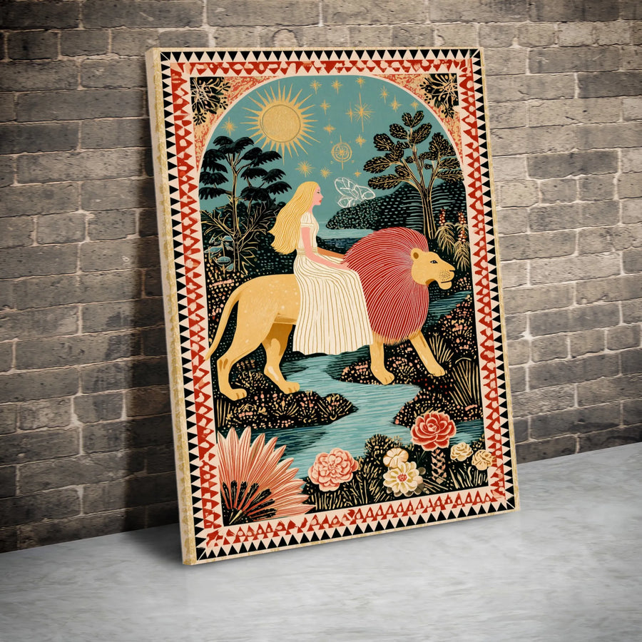 Strength Tarot Card Canvas Wall Art | Whimsical Woman Riding Lion Design | Premium Gallery-Wrapped Print | Spiritual Home Decor Gift