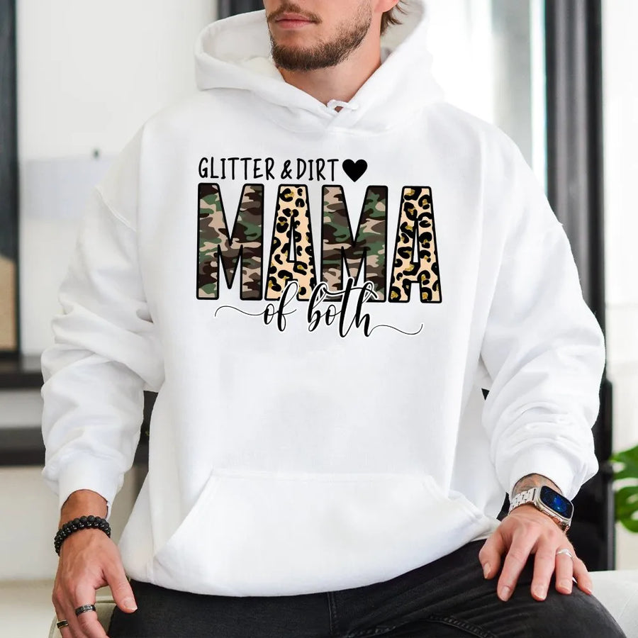 Glitter and Dirt Mama Hoodie | Camo and Leopard Print Graphic Tee | Soft Cotton Shirt | Unique Mother's Day Gift for Mom of Boy and Girl