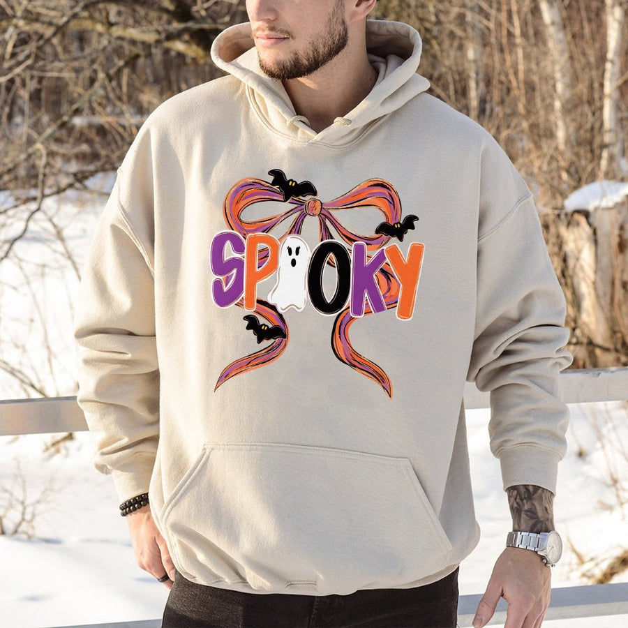 Spooky Ghost Bow Hoodie | Coquette Halloween Graphic Aesthetic | Soft Cotton-Blend Pullover | Trendy Fall Gift For Her