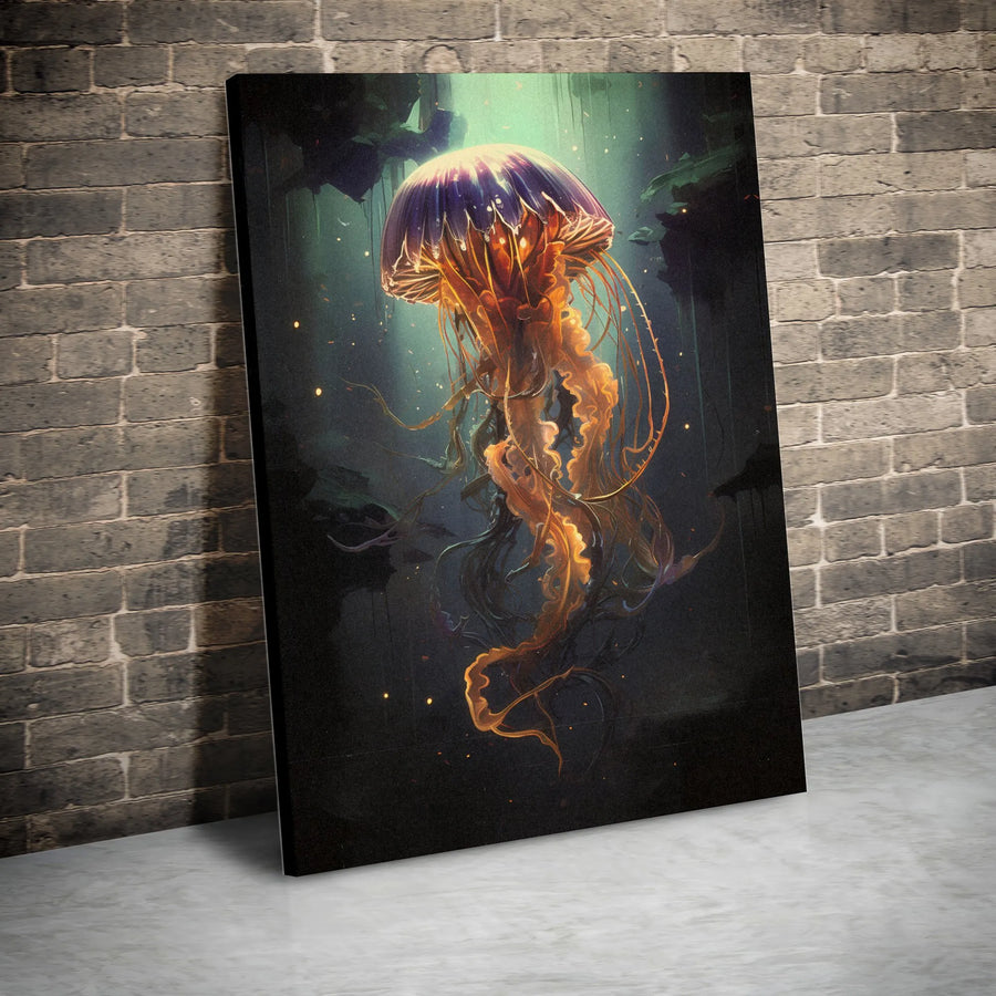Glowing Jellyfish Canvas Wall Art | Bioluminescent Deep Sea Painting | Premium Gallery Wrapped Canvas | Moody Underwater Home Decor Gift