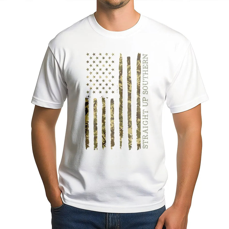 Straight Up Southern T-Shirt | Camo American Flag Graphic | Premium Cotton Unisex Tee | Patriotic Gift for Outdoorsmen and Country Music Fans