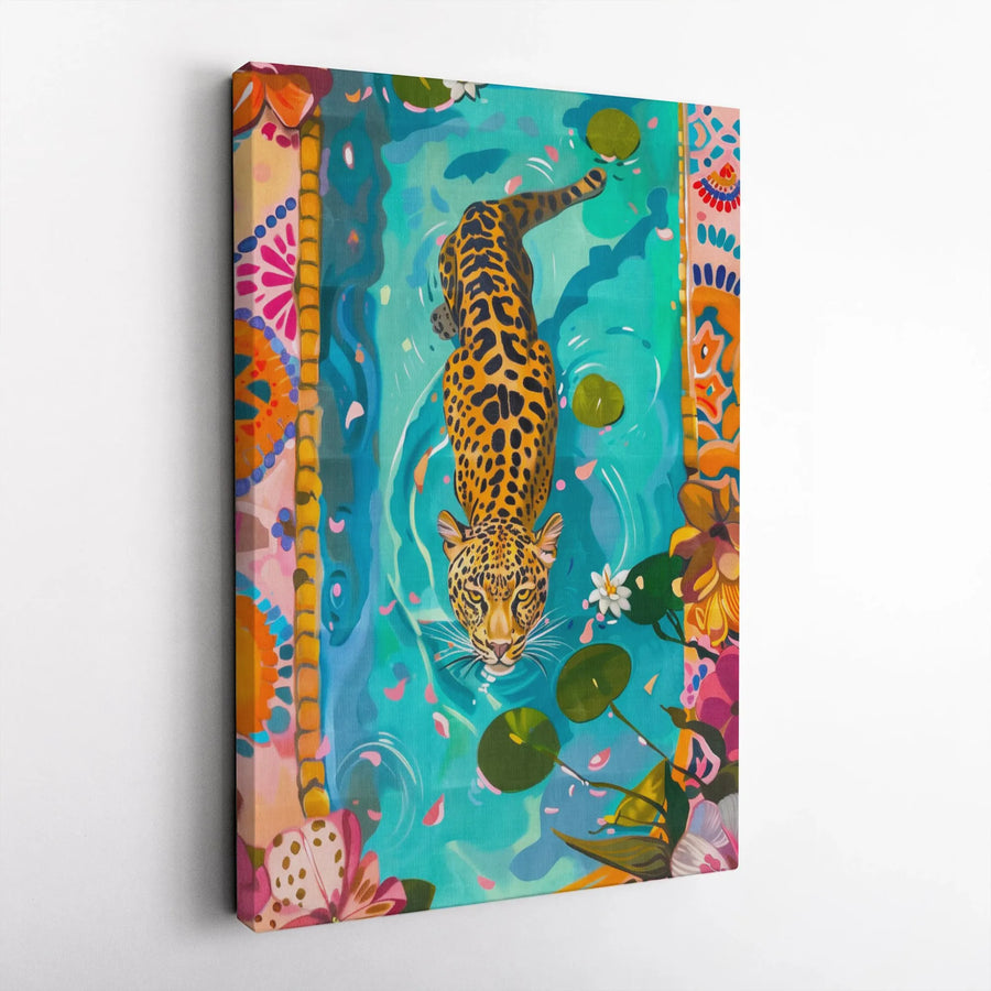 Jaguar Wall Art Canvas | Vibrant Tropical Rainforest Pond Print | 1.25-Inch Gallery Wrap Frame | Modern Animal Decor Gift for Home Office