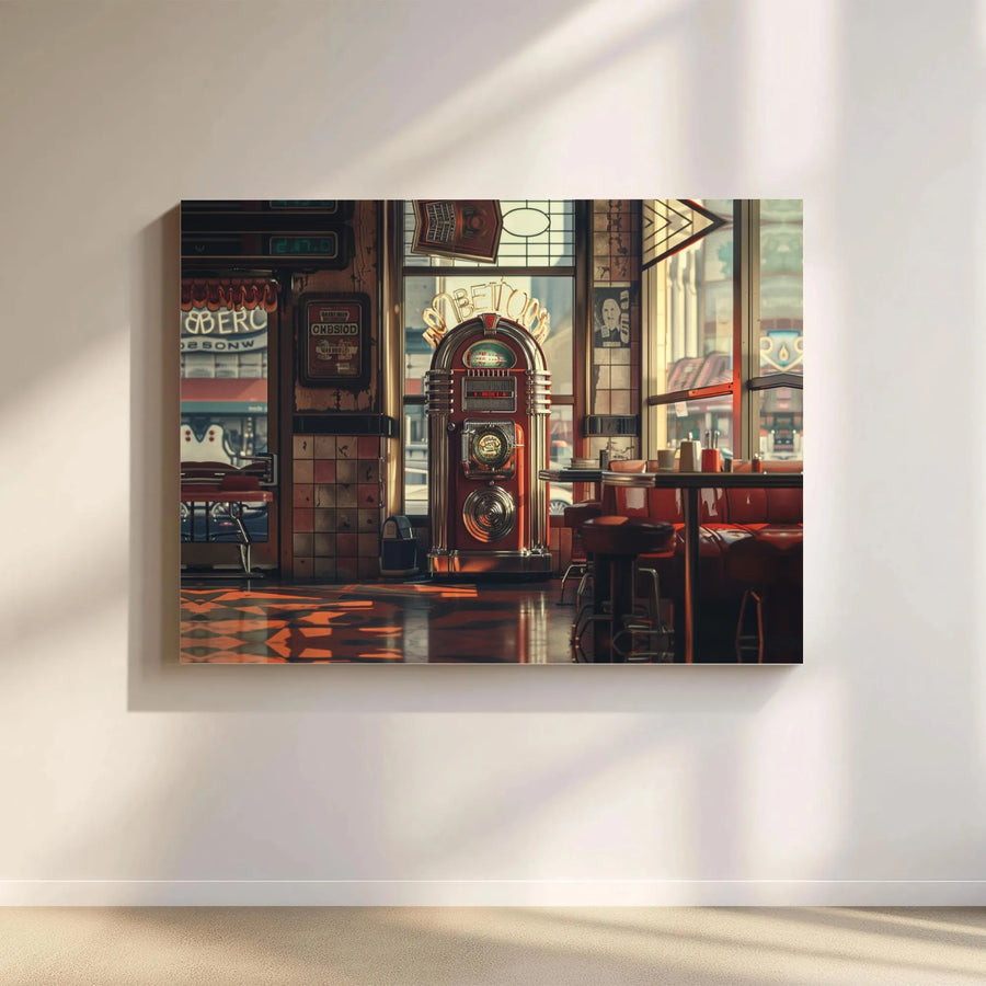 Retro American Diner Canvas Wall Art | Vintage Jukebox & Red Booth Decor | 1.25” Gallery Wrap Print | Kitchen & Bar Nostalgia Gift